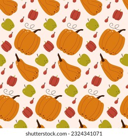 Autumn harvest pattern. Collection of ripe delicious vegetables, fresh fruits, berries.
