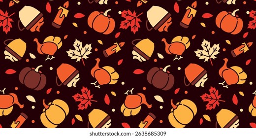 Autumn Harvest Pattern Featuring Pumpkins, Leaves, and Acorns in a Cozy, Colorful Design