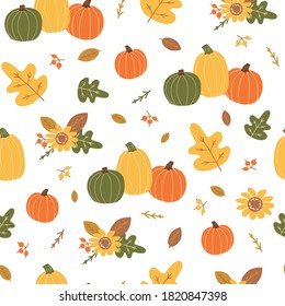 Autumn harvest pattern. Orange pumpkin, yellow leaves, berry, floral elements. Bright autumn seamless pattern