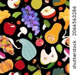 Autumn harvest pattern. Pumpkin, mushroom, grape, acorn, apple and pear on black background. Vector seamless pattern. Thanksgiving day.