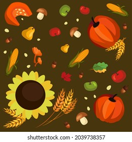 Autumn harvest pattern. Pumpkin, sunflower, wheat, acorns, mushrooms and fruit on dark background. Vector seamless illustration.