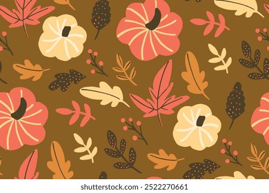 Autumn harvest pattern, seamless background with orange pumpkins and yellow leaves, Thanksgiving backdrop.