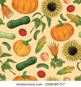 Autumn harvest pattern seamless colorful with sunflowers and ripe zucchini or pumpkin and corn from farmers market vector illustration