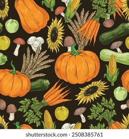 Autumn harvest pattern seamless colorful vegetables and fruits or mushrooms collected in september to create stock for winter vector illustration