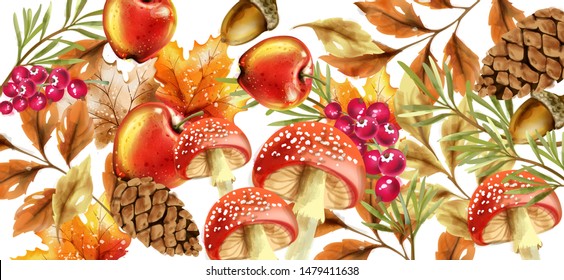 Autumn harvest pattern Vector. Fall muchrooms and fruits decor poster