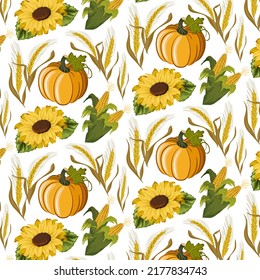 Autumn harvest in a pattern.Colored vector pattern with pumpkins, corn, ears of corn and sunflowers on a transparent background.