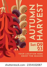 autumn harvest poster. Onion and red pepper on a red background. Farmers market text ads. Geometric flat style. Vector illustration