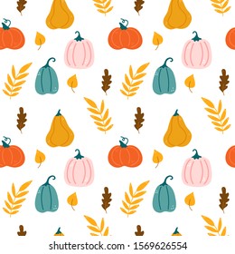 Autumn, harvest, pumpkin cartoon seamless pattern design, vector illustration. Hand drawn style. 