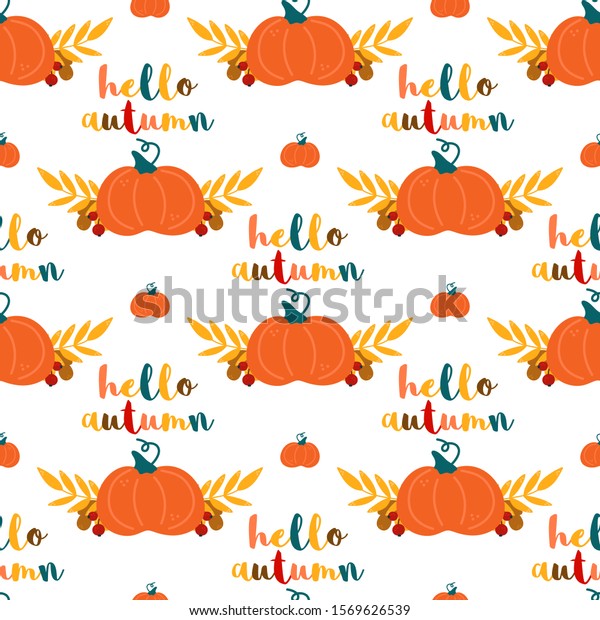 Autumn, harvest, pumpkin\
cartoon seamless pattern design, vector illustration. Hand drawn\
style. 