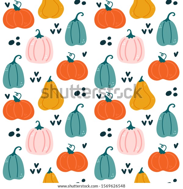 Autumn, harvest, pumpkin\
cartoon seamless pattern design, vector illustration. Hand drawn\
style. 