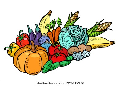 autumn harvest pumpkin corn cabbage tomato potato carrot cucumber pepper. Comic cartoon pop art retro vector illustration drawing