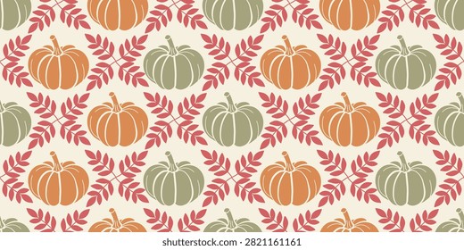 Autumn harvest pumpkin leaf seamless pattern, fall botanical repeating motif, vector background. Warm beige seamless pattern with orange and sage pumpkins alternating with crimson botanical leaf branches. Clean folk style for fabric, wallpaper, thanksgiving packaging and textile design.