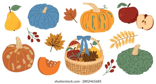 Autumn harvest pumpkin patch clipart bundle with colorful pumpkins, apples and wicker basket for thanksgiving decor