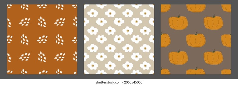Autumn harvest pumpkin Seamless Patterns set. Fall holidays abstract mood patterns with pumpkin, seeds, florals and leaves