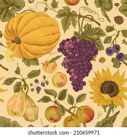 Autumn harvest. Pumpkin, sunflower, nuts and fruit on a beige background. Vector seamless vintage pattern.