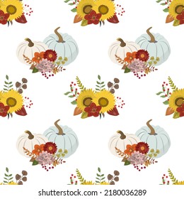 Autumn harvest pumpkins arrangements and floral bouquets seamless pattern with pastel pumpkins, fall color flowers, and forest leaves. Isolated on white background. Autumn Thanksgiving day wallpaper.