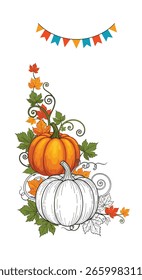 Autumn harvest pumpkins decorated with falling leaves and festive bunting