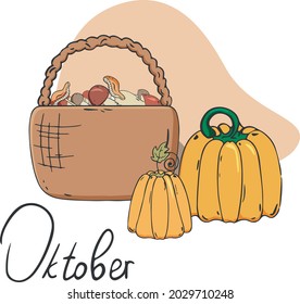 Autumn harvest of pumpkins, mushrooms basket. Ecology concept. Vector isolated illustration