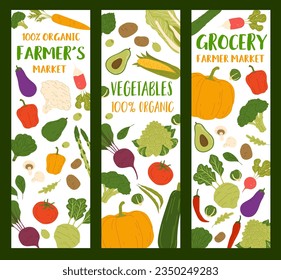 Autumn harvest raw vegetables. Vector banners with avocado, corn cob, potato, pumpkin and beetroot. Broccoli, eggplant, tomato and kohlrabi. Squash, spinach, champignon and bell pepper with carrot