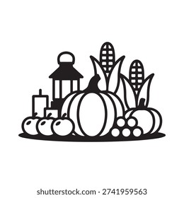 Autumn harvest scene featuring pumpkins corn and a decorative lantern