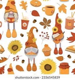 Autumn harvest seamless pattern with cartoon gnomes, pumpkins, cakes, hot drinks, and dry leaves Isolated on white background. Cute fall festival design for wallpaper, wrapping, digital paper.