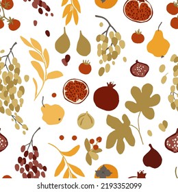 Patrón de la cosecha de otoño sin costuras. El fondo es de color ocre, con frutas y bayas frescas y bonitas aisladas en blanco. Oso, higo, uva, granada. Patrón otoñal con elementos decorativos. Vector de estilo de caricatura plana