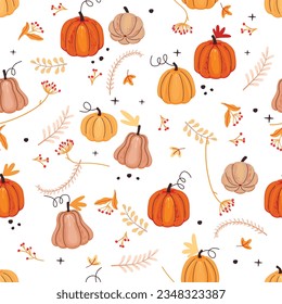 Autumn harvest seamless pattern with grange pumpkins.Colorful print on fabric and paper with fruits,twigs with red berries,leaves and doodle elements.Vector flat illustration on white background.