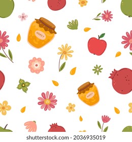 Autumn harvest seamless pattern. Honey, apple and pomegranate. Delicious fresh food. Rosh hashanah, Jewish New Year festival symbols vector background