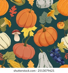 Patrón sin fisuras de la cosecha de otoño. Calabazas, uvas, maíz, girasol y setas en el diseño de fondo de otoño para el Día de Acción de Gracias envoltura de papel, tarjetas, textiles, Anuncios, Fondo de pantalla. Ilustración vectorial