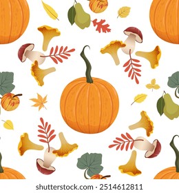 Autumn harvest seamless pattern. Pumpkins, leaves, fruits, and mushrooms on fall background design for Thanksgiving Day wrapping paper, cards, textile, banners, wallpaper. Vector illustration on white