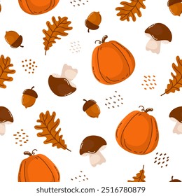 Autumn harvest seamless pattern. Pumpkins, mushrooms, falling oak leaves, acorns and textured elements in a cozy seasonal background.