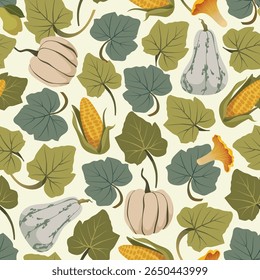 Autumn harvest seamless pattern with pumpkins, corn, and green foliage. For fall season design, packaging, textile, wrapping paper, wallpaper, Thanksgiving, and harvest festival decor. Flat vector.