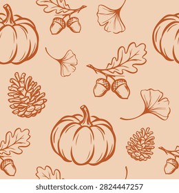 Autumn harvest seamless pattern with pumpkins, acorns, pine cones, and leaves, hand-drawn linear vector background.