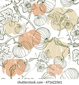 Autumn harvest. Seamless pattern with pumpkins. The leaves, flowers and fruits. Garden harvest.