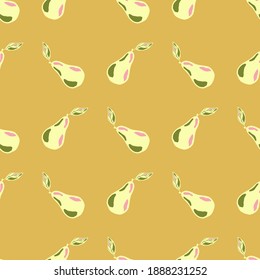 Autumn harvest seamless pattern with simple pear ornament. Ocher light background. Graphic design for wrapping paper and fabric textures. Vector Illustration.