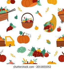 Autumn harvest seamless pattern. Vector repeat background with farm vegetables, fruit, berry, pumpkins, carrot. Funny fall digital paper with basket, wheelbarrow, cornucopia.
