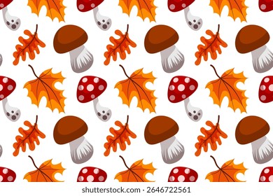 Autumn harvest seamless pattern. Vector illustration. Pumpkins, mushrooms, falling oak leaves, elements on white background.