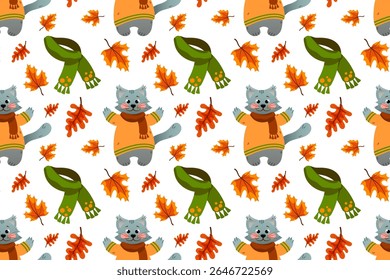 Autumn harvest seamless pattern. Vector illustration. Pumpkins, mushrooms, falling oak leaves, elements on white background.