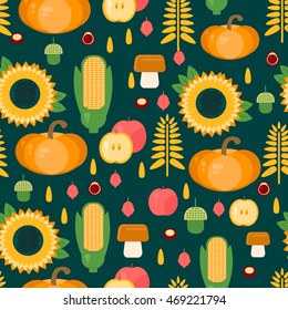 Autumn harvest seamless pattern. Vector background with fruits, vegetables, mushrooms and nuts. Backdrop for markets, shops, wallpaper.