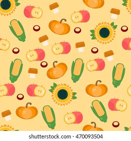 Autumn harvest seamless pattern. Vector background with fruits, vegetables, mushrooms and nuts. Backdrop for markets, shops, wallpaper.