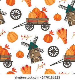 Autumn harvest seamless pattern with vintage pumpkin cart and mill.Cartoon background with ears of wheat and farm fruits.Print on fabric and paper.Vector design for use in banner template,cover.