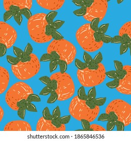 Autumn harvest seamless random pattern with orange persimmons. Blue bright background. Great for fabric design, textile print, wrapping, cover. Vector illustration.