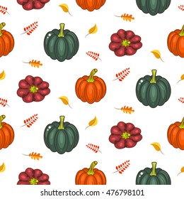 Autumn harvest seamless vector pattern. Acorn green pumpkins squash and faded leaves repeat white background.