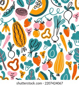 Autumn harvest season, hand drawn print with fresh vegetables and greens, vitamin boost, vector seamless pattern