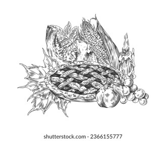 Autumn harvest season and Thanksgiving day hand drawn isolated illustration. Vintage engraved sketch of apple pie, fall leaves, grape, corn and candle. Holiday symbols drawing.