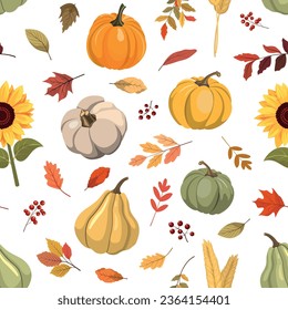 Autumn harvest seasonal seamless pattern with colorful pumpkins, sunflowers, forest leaves, and berries. Vector illustration. Isolated on white background. Fall harvest, Thanksgiving wallpaper.