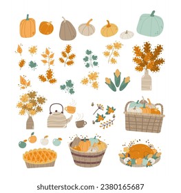 autumn harvest set different icons and pumpkins happy thanksgiving holiday festival celebration concept