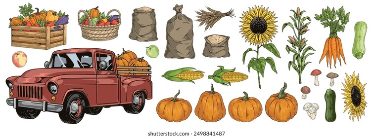 Conjunto de emblemas de la cosecha de otoño colorido con máquina para ensamblar y transportar frutas y verduras cultivadas en la Ilustración vectorial de la granja