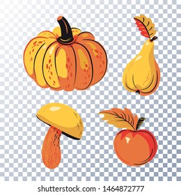 Autumn harvest set. Isolated apple, pear, pumpkin and mushroom. Natural food without GMO