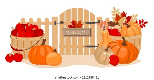 Autumn harvest set - pumpkin, apples, basket, fence with wicket. Farming scenes with pumpkins, fence and apples.  Illustrated vector element.
